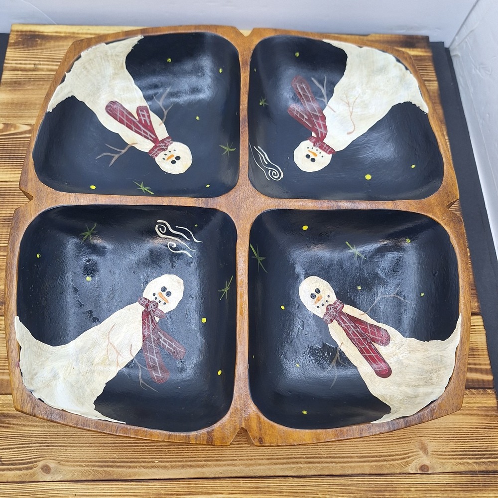 Snowman Painted 4 Divided Nut Dish Monkey Pod Wooden Mid Century Christmas 11.5"